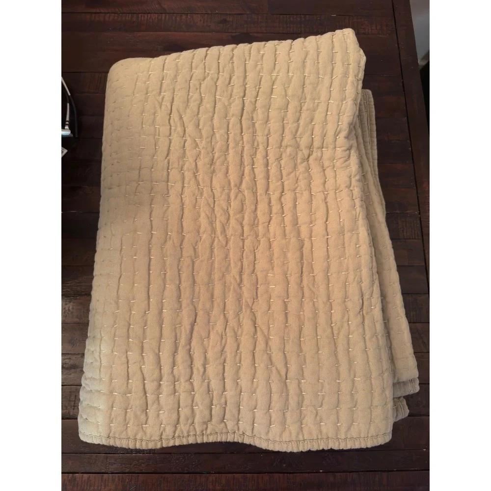Pottery Barn Twin Pick Stitch Quilt Tan Khaki Cotton Linen Blend Bedding 3024577